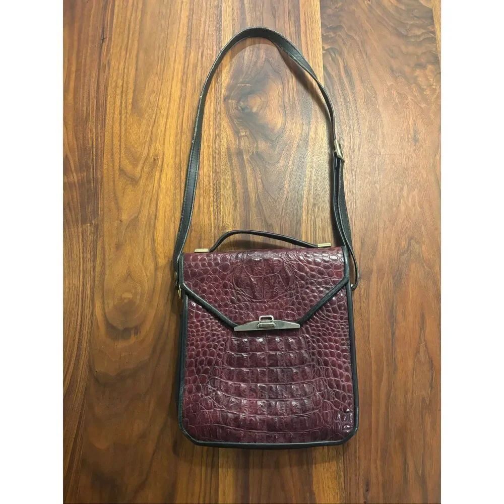 Burgundy Black Lining Gold Accents Croc-Embossed Genuine Leather Crossbody Bag